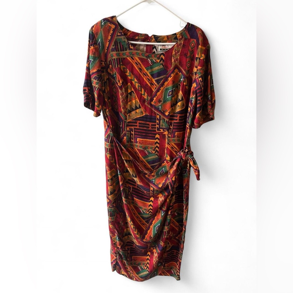 Vintage 80s Diana Marco Multicolor Tribal Print Wrap Dress Size 18
